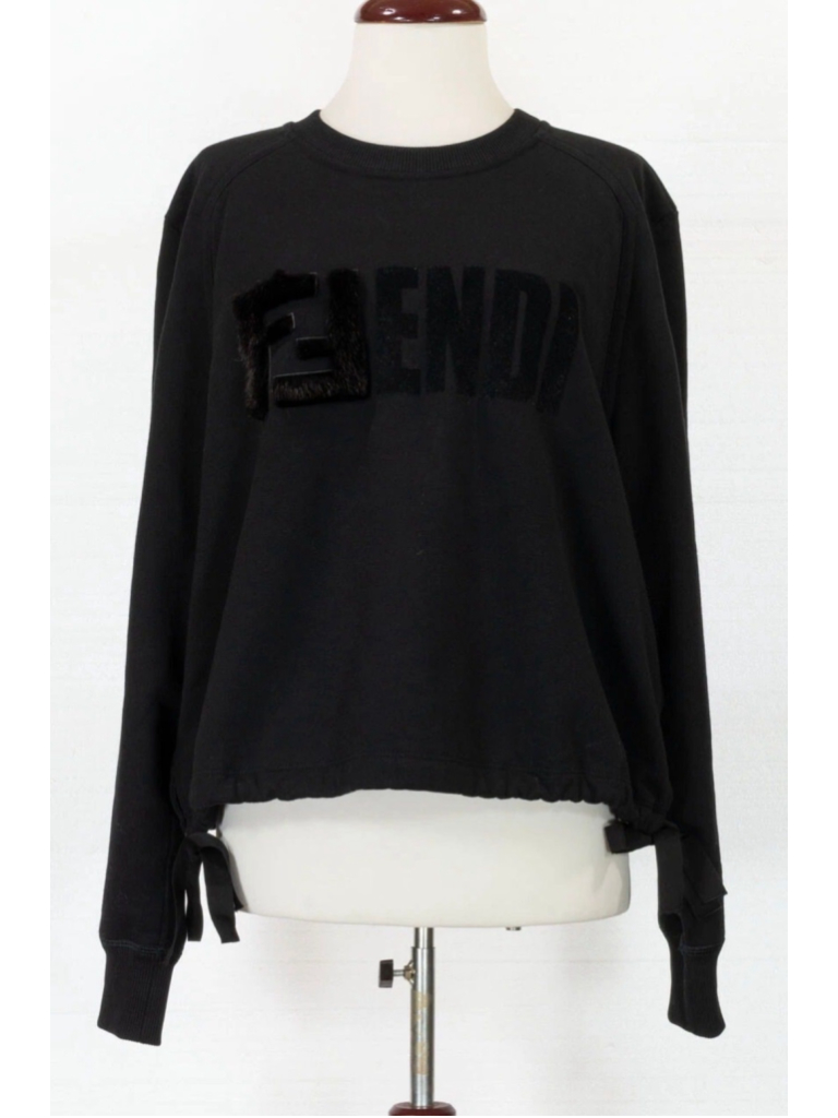 Fendi Black Cotton Cropped Sweatshirt With 100% Mink Fur Ff Logo
